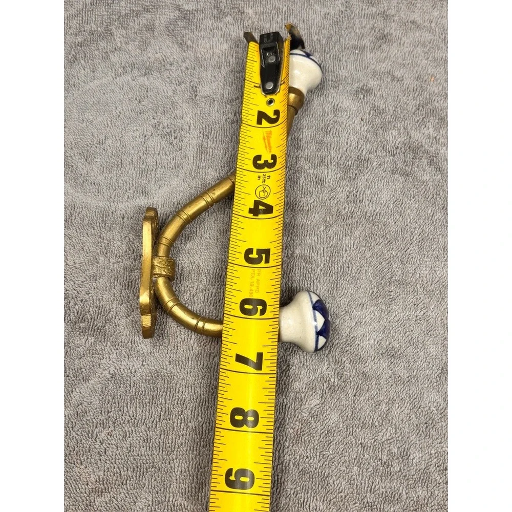 Vtg Gold Tone Double Wall Hook Blue White Ceramic Porcelain Knobs Coat Towel